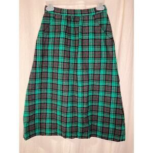 1950s Handmade Green Brown Wool Plaid Tartan Christmas Academia Midi Skirt S